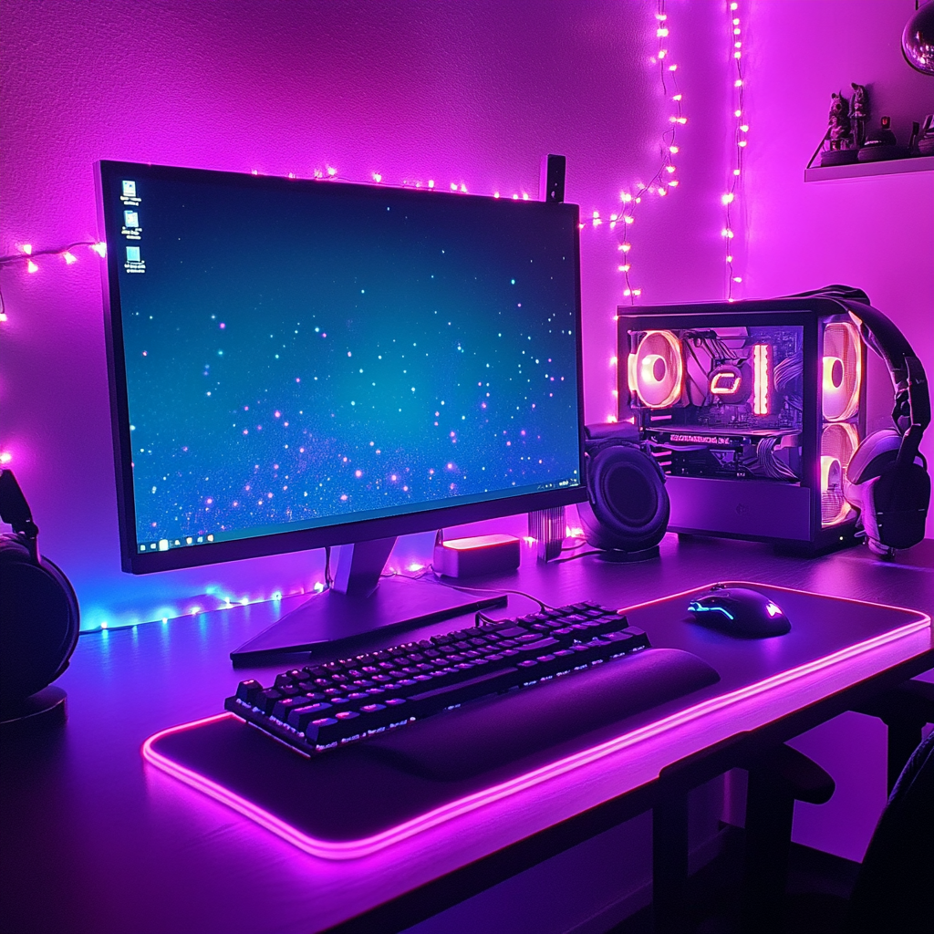 Een epische gaming setup met het Hyte Keeb TKL toetsenbord centraal geplaatst. Het toetsenbord heeft een futuristisch ontwerp met RGB verlichting die schittert in de duisternis. De omgeving is donker met een lichte gloed die de toetsen verlicht. Aan de zijkanten zijn gaming accessoires zoals een high-end muis en een headset zichtbaar. Het geheel straalt kracht en innovatie uit, met een sfeer die zowel mysterieus als opwindend is. Geen tekst of woorden in de afbeelding.