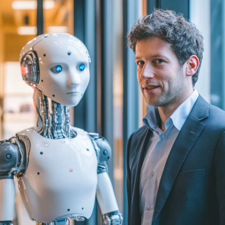 Een bestuurskamer met een moderne uitstraling, waar CEO Sam Altman een aandeelcertificaat van 7% ontvangt. De sfeer is gespannen maar triomfantelijk. Aan de muren hangen portretten van iconische AI-robots en technische blauwdrukken. Er zijn prominente figuren uit de tech-industrie aanwezig, die applaudisseren en belangrijke documenten ondertekenen. De kleuren zijn gedempt maar met accenten van blauw en zilver, die technologie en vooruitgang symboliseren. Geen tekst of woorden in de afbeelding.