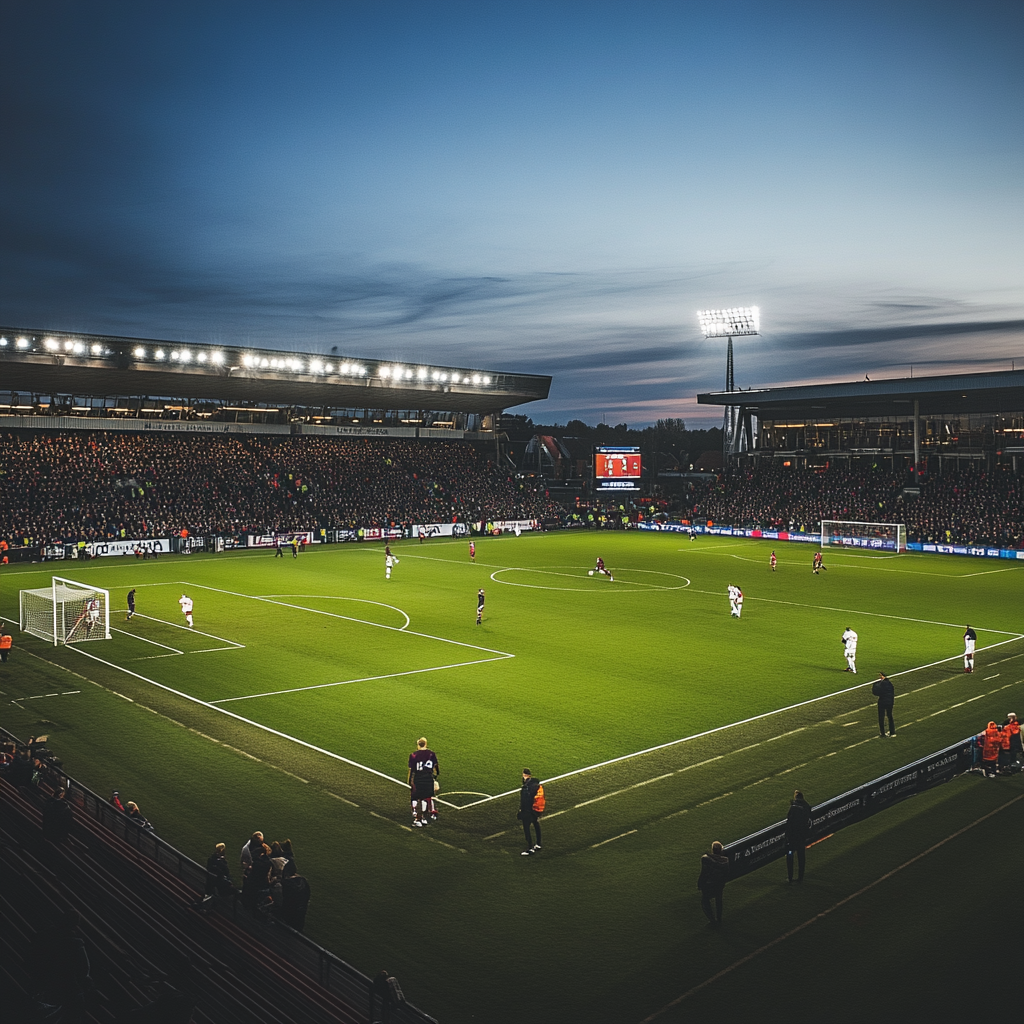 Een dramatische en dynamische scène van een vergadering tussen topmanagers van Volvo en andere industriële fabrikanten, met op de achtergrond een groot scherm dat het EU-logo en een verbrandingsmotor met een rode streep erdoorheen toont. De sfeer is intens en vastberaden, met een gevoel van urgentie en vastberadenheid om een groenere toekomst te creëren.