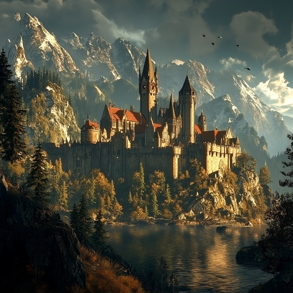Een betoverend landschap in de wereld van Dragon Age: The Veilguard. Een imposant kasteel te midden van bergen en bossen, met magische energie die door de lucht zweeft. Ridders en magiërs bereiden zich voor op een groot avontuur. De kleuren zijn levendig en fantasievol, met een sfeer van mysterie en opwinding. Geen tekst of woorden in de afbeelding.