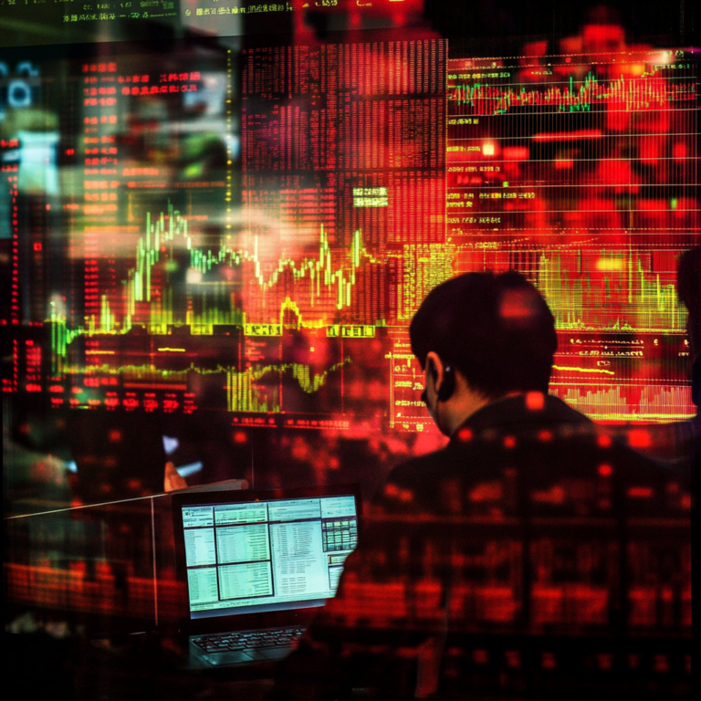 Een dramatische scène van een aandelenmarkt in China, met grafieken en cijfers die scherp dalen. Op de voorgrond staan bezorgde aandeelhouders die op hun telefoons en laptops kijken. De achtergrond toont een groot scherm met financiële gegevens die snel veranderen. De sfeer is gespannen en chaotisch, met felle rode en groene kleuren die de volatiliteit en urgentie van de situatie benadrukken. Geen tekst of woorden in de afbeelding.
