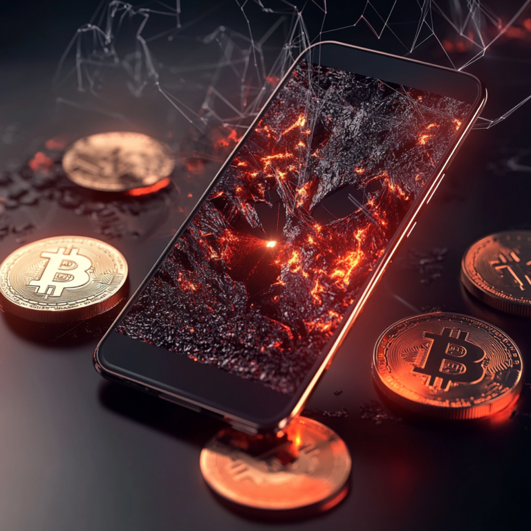 Een dramatische en gespannen scène waarin een Android-smartphone wordt weergegeven met een kwaadaardige app op het scherm. De telefoon straalt een donkere, onheilspellende gloed uit. Op de achtergrond zijn crypto-symbolen zoals Bitcoin, Ethereum, en andere munten te zien, die lijken te vervagen of weg te glijden, wat symbool staat voor het verlies van digitale activa. De sfeer is gespannen en urgent, zonder tekst of woorden in de illustratie.