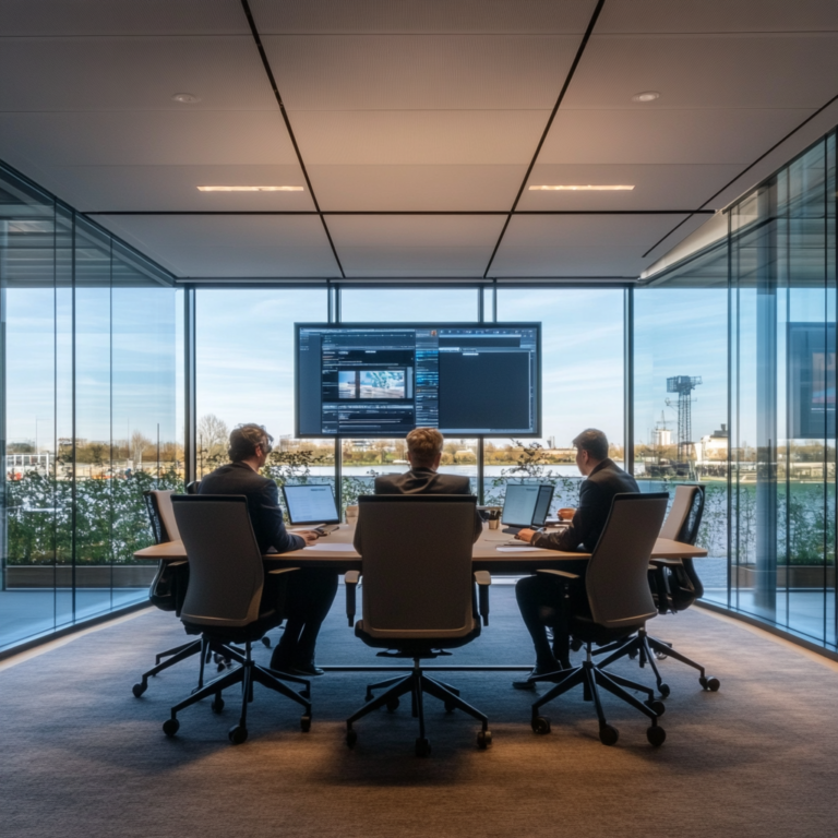 Een dramatische scène in een moderne kantoorgebouw, waar twee zakenmensen aan een vergadertafel zitten. De ene persoon vertegenwoordigt Arm Holdings Plc, en de andere vertegenwoordigt Intel Corp. De sfeer is gespannen, met de Arm-vertegenwoordiger die een voorstel overhandigt, terwijl de Intel-vertegenwoordiger resoluut afwijst met een vastberaden blik. De achtergrond toont indrukwekkende stadsgezichten en high-tech elementen, die symboliseren dat het om grote technologiebedrijven gaat. Geen tekst of woorden in de afbeelding.