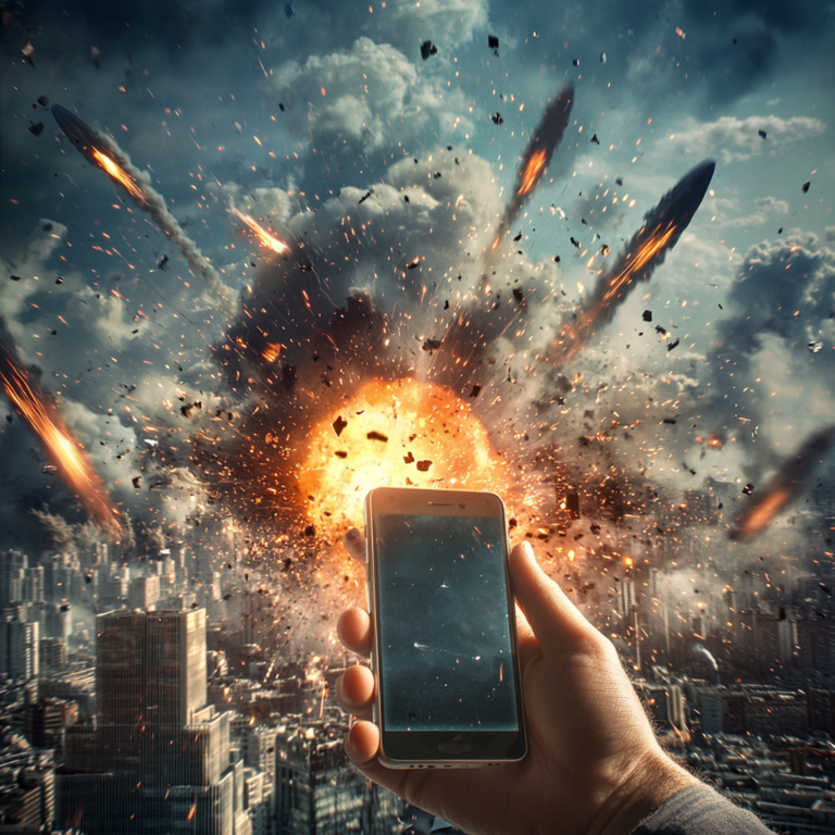 Een dramatische scène van een stad die wordt getroffen door luchtaanvallen, met raketten die de lucht doorkruisen en explosies in de verte. Op de voorgrond een hand die een mobiele telefoon vasthoudt, waarop een mysterieus SMS-bericht zichtbaar is. De sfeer is gespannen en chaotisch, met een gevoel van dreiging en onzekerheid. Geen tekst of woorden in de afbeelding.