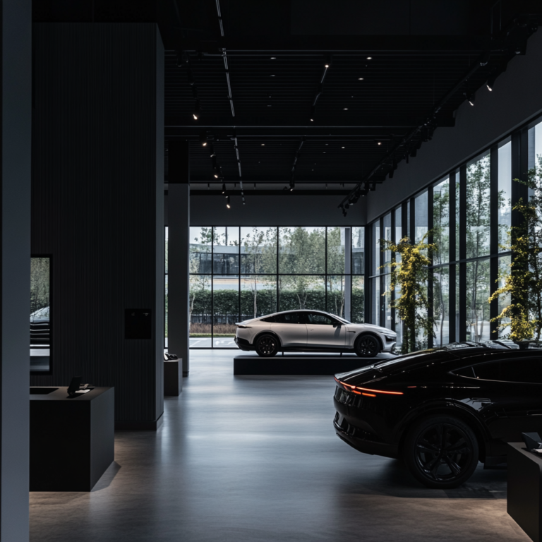 Een dramatische scène van een verlaten showroom met Chinese elektrische voertuigen, met een sombere en donkere sfeer. De auto's staan verlaten en bedekt met stof, terwijl buiten de showroom een drukke Europese straat te zien is met moderne auto's van andere merken die voorbijrijden. De lucht is bewolkt en grijs, wat een gevoel van neergang en onzekerheid over de toekomst oproept. Geen tekst of woorden in de afbeelding.