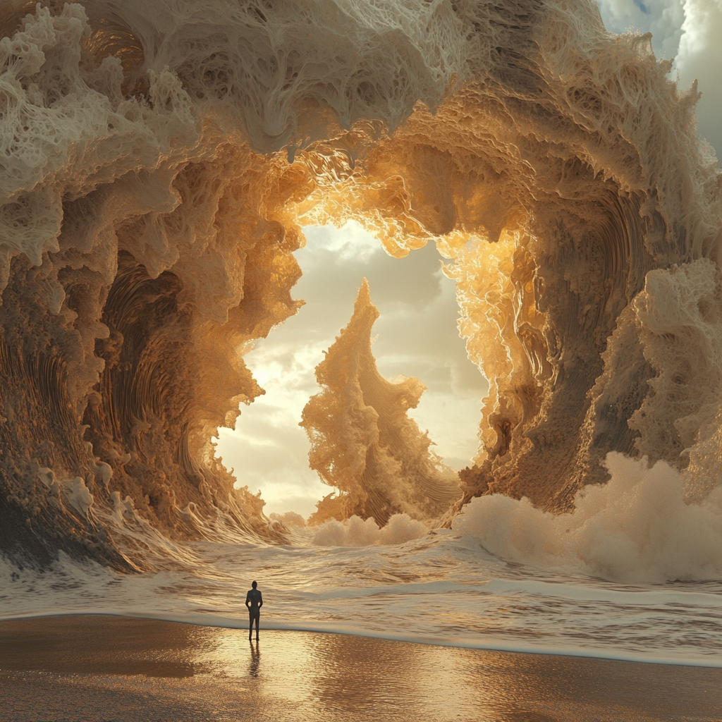 Een dramatische scène van een verwoeste stad in het Midden-Oosten met raketten die de lucht doorklieven. Op de voorgrond zien we een hand die een telefoon vasthoudt, waarop een verontrustend SMS-bericht verschijnt. De omgeving is gevuld met rook en puin, terwijl mensen op de achtergrond in paniek zijn. De sfeer is gespannen en beladen met emoties, zonder teksten of woorden in de afbeelding.