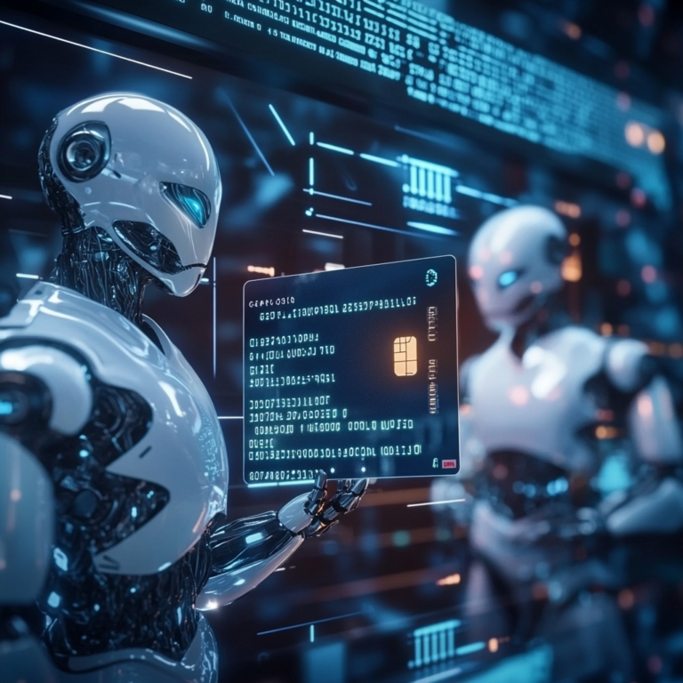 Een futuristische scène waarin een creditcard zweeft boven een digitale matrix van code en beveiligingssymbolen, omringd door holografische afbeeldingen van AI-robots die oplichtende schilden omhoog houden. De scène toont een dynamische en high-tech sfeer met een blauwachtig kleurenschema om het gevoel van digitale beveiliging en vooruitgang te benadrukken. Geen tekst of woorden in de afbeelding.