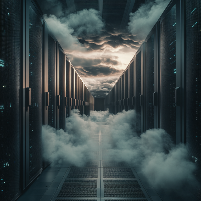 Een dramatisch beeld van een enorme serverruimte vol met computerrekken, met een dreigende donkere wolk en bliksemflitsen die erboven hangen. De sfeer is gespannen en urgent, met een gevoel van imminent gevaar. Geen tekst of woorden in de afbeelding.