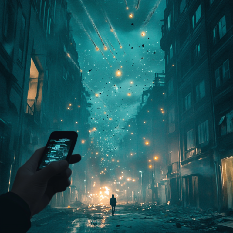 Een dramatisch nachtelijke scène van een stad onder vuur, met raketten die door de lucht vliegen en explosies in de verte. Op de voorgrond, een persoon die door een verwoeste straat loopt, verlicht door het scherm van een mobiele telefoon waar een mysterieuze sms op te zien is. De sfeer is gespannen en angstaanjagend, met contrasten van felle lichten en diepe schaduwen, die de ernst en onzekerheid van de situatie benadrukken. Geen tekst of woorden in de afbeelding.