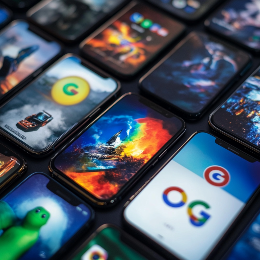 Een intensieve rechtbankscène waarin advocaten van Epic Games en Google hevig debatteren. Op de achtergrond zie je smartphones met de logo's van Google, Epic Games, en Samsung. De sfeer is gespannen en dramatisch, met een gevoel van strijd en competitie. Geen tekst of woorden in de afbeelding.