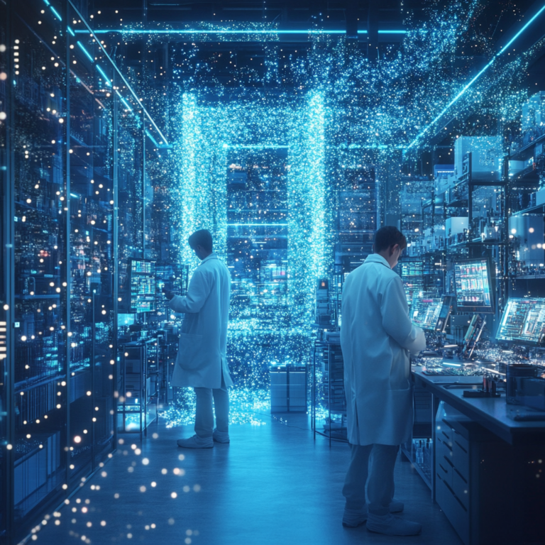 Een futuristische laboratoriumomgeving gevuld met geavanceerde quantumcomputers. Wetenschappers in witte jassen werken geconcentreerd aan complexe machines, terwijl de achtergrond wordt verlicht door het blauwachtige schijnsel van quantum bits. De sfeer is intens en innovatief, met een gevoel van een race tegen de tijd om baanbrekende technologie te ontwikkelen. Geen tekst of woorden in de afbeelding.