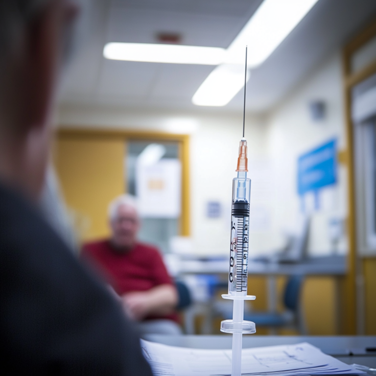 Een dramatische scène waarin een patiënt wacht op een langwerkende HIV-preventie-injectie in een klinische omgeving in Engeland. De patiënt kijkt bezorgd terwijl een arts hen geruststelt. Op de achtergrond, een klok die wordt weergegeven, symboliseert de vertraging. De sfeer is gespannen maar hoopvol, met medische apparatuur en documenten die de noodzaak van meer gegevens suggereren. Geen tekst of woorden in de afbeelding.