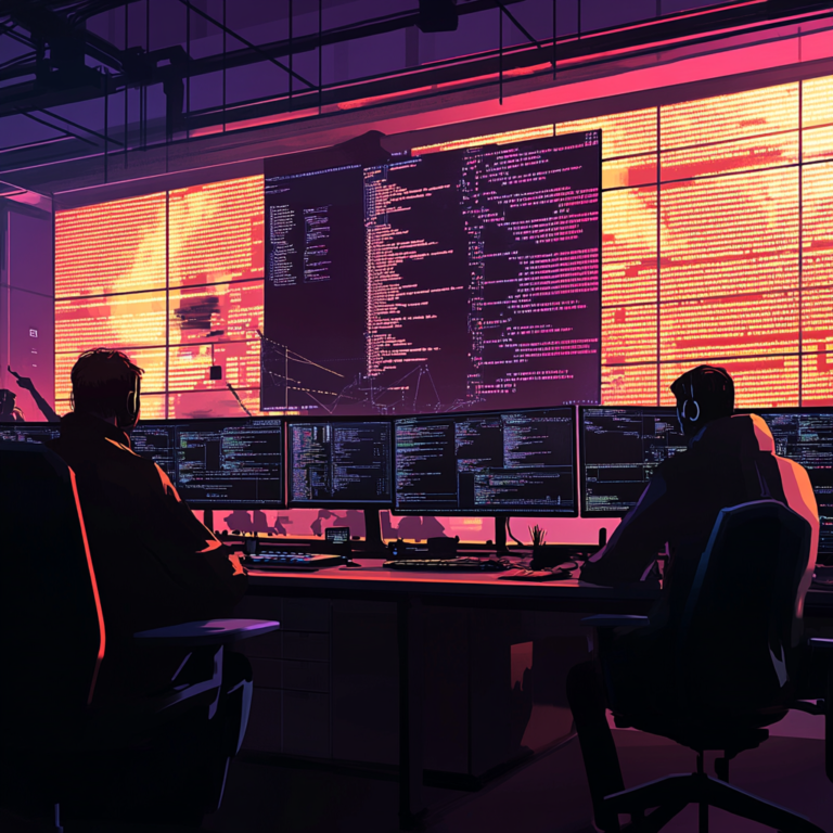 Een dramatische scene van een kantooromgeving in paniek, met beheerders die snel actie ondernemen om hun netwerken te beveiligen. Computerschermen tonen waarschuwingen en code, terwijl op de achtergrond een groot scherm een dreigende cyberaanval visualiseert. De sfeer is gespannen maar vastberaden, met levendige kleuren en dynamische compositie. Geen tekst of woorden in de afbeelding.