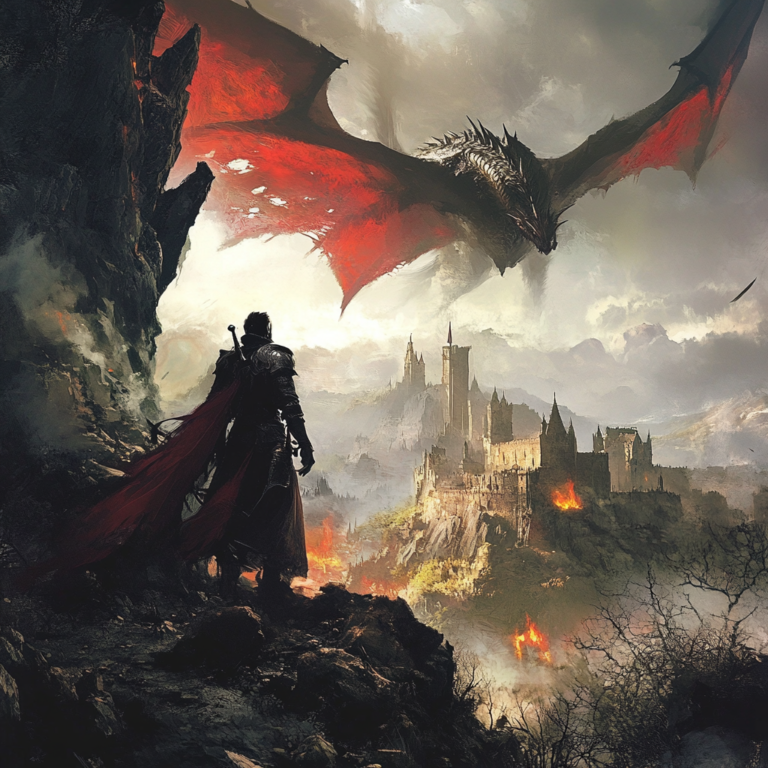 Een adembenemende fantasiewereld met majestueuze kastelen, weelderige bossen en magische wezens die de sfeer van Dragon Age: The Veilguard vastleggen. Het plaatje toont heldhaftige personages te paard, een epische strijd met draken in de lucht, en een dramatische zonsondergang die de hemel in vuur en vlam zet. De omgeving is gedetailleerd met oude ruïnes en mystieke gloeiende artefacten. Geen tekst of woorden in de afbeelding.