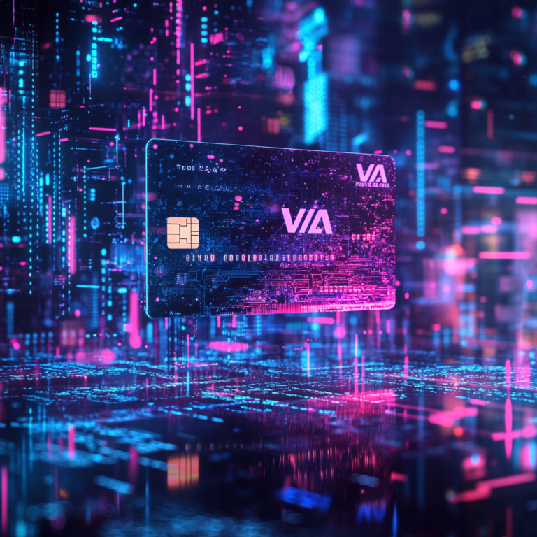 Een dynamische scène waarin een creditcard met het Visa-logo centraal staat, omgeven door een digitale matrix van beveiligingssymbolen en AI-gerelateerde iconen. De achtergrond toont een futuristische stadslandschap met een cyberveiligheidsthema, met een schone en professionele uitstraling. De sfeer is high-tech en vooruitstrevend, met een gevoel van versterkte beveiliging en technologische vooruitgang. Geen tekst of woorden in de afbeelding.