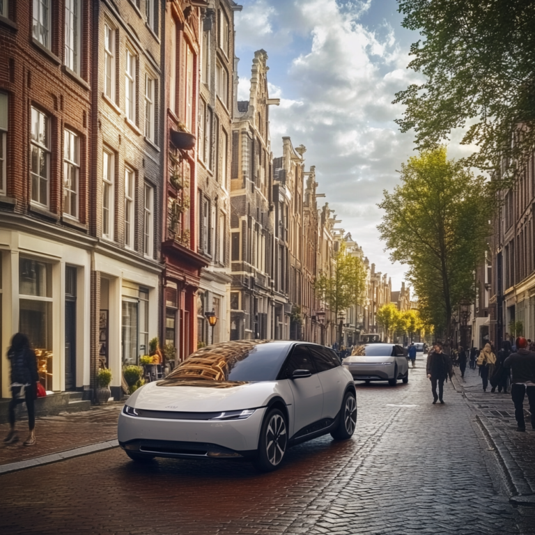 Een dramatische scène in een Europese stad met een dalend aantal elektrische auto's van Chinese makelij. De straten zijn minder druk met EV's, en er is een gevoel van onzekerheid en verandering in de lucht. De achtergrond toont een mix van moderne en klassieke architectuur, symboliserend de botsing tussen het oude en het nieuwe. De kleuren zijn somber en de sfeer is gespannen, met een focus op het contrast tussen hoop en teleurstelling. Geen tekst of woorden in de afbeelding.