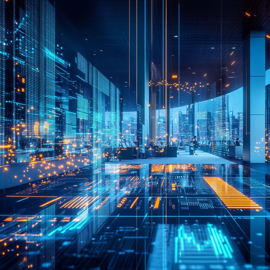 Een futuristisch kantoorlandschap met finance professionals die samenwerken met geavanceerde AI-systemen. Glanzende computerschermen tonen complexe financiële grafieken en data-analyse. Een moderne vergaderruimte met een holografische presentatie van financiële trends. Heldere verlichting en een high-tech sfeer, met de nadruk op innovatie en samenwerking tussen mens en machine. Geen tekst of woorden in de afbeelding.