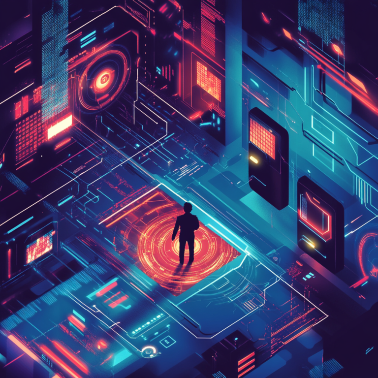 Een futuristische cybersecurity-omgeving, met een netwerk van digitale sloten en sleutelgaten die een complex web vormen. In het midden, een visuele representatie van een 'Deceptive Delight', een abstracte en kleurrijke vorm die de geavanceerde en mysterieuze aard van de techniek symboliseert. De atmosfeer is zowel uitdagend als intrigerend, met een spel van licht en schaduw dat de constante strijd tussen beveiliging en dreiging benadrukt. Geen tekst of woorden in de afbeelding.