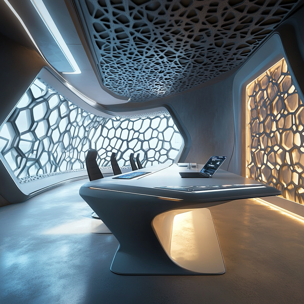 Een futuristisch kantoorinterieur van een AI-bedrijf in de Verenigde Arabische Emiraten, met geavanceerde technologie en Nvidia-chipsets zichtbaar op tafels. De sfeer is hoogtechnologisch en innovatief, met subtiele Arabische architectonische elementen. Geen tekst of woorden in de afbeelding.