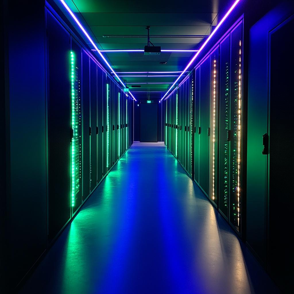 Een futuristische serverruimte verlicht door zacht blauw en groen licht, met rijen van geavanceerde serverracks die de kracht van Vultr's nieuwe serverless AI-mogelijkheden symboliseren. De sfeer is high-tech en visionair, met een subtiel gevoel van beweging dat de dynamiek en innovatie van deze technologie weerspiegelt. Geen tekst of woorden in de afbeelding.