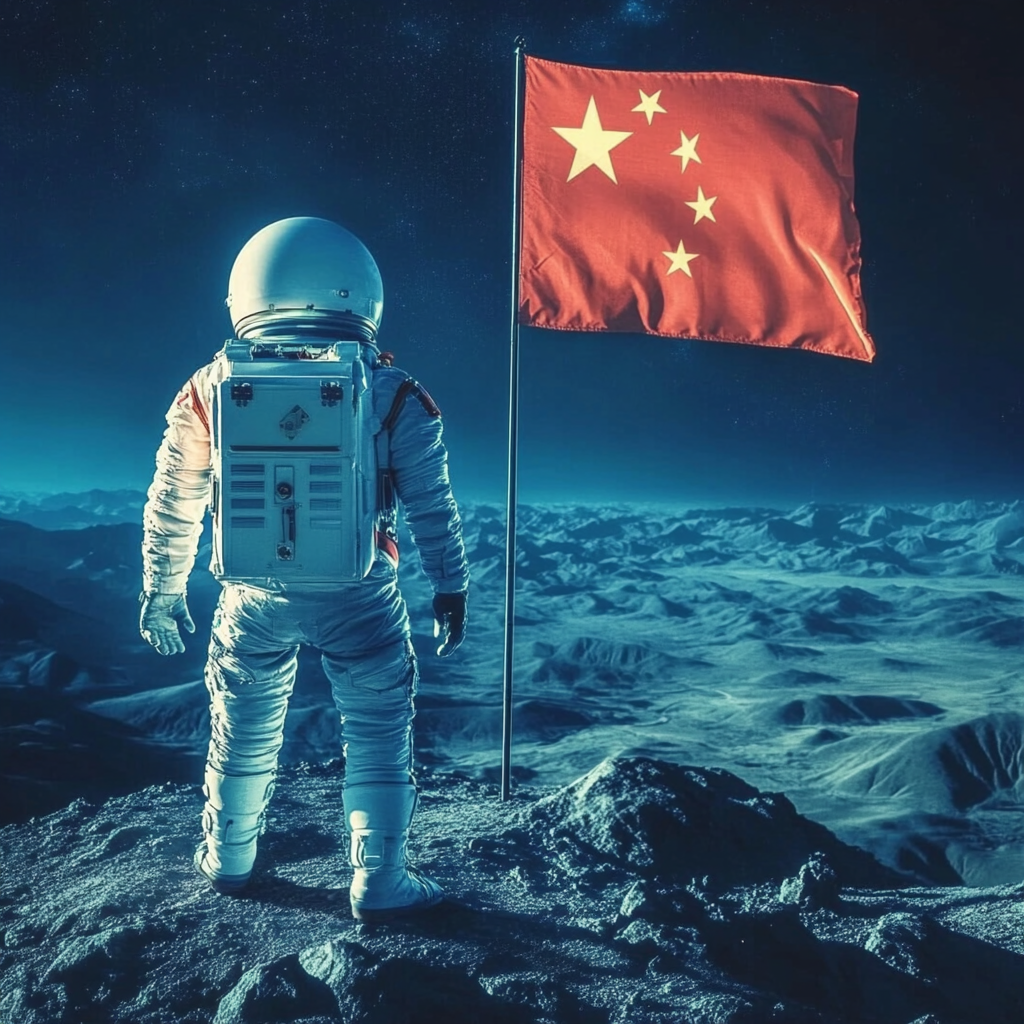 Een futuristisch ruimtepak, zilverkleurig met blauwe accenten, gedragen door een Chinese astronaut die op het oppervlak van de maan staat. De achtergrond toont de aarde in de verte, met een adembenemend uitzicht op de maanlandschap. De sfeer is triomfantelijk en technologisch geavanceerd, met een gevoel van een nieuwe era in ruimteverkenning. Geen tekst of woorden in de afbeelding.