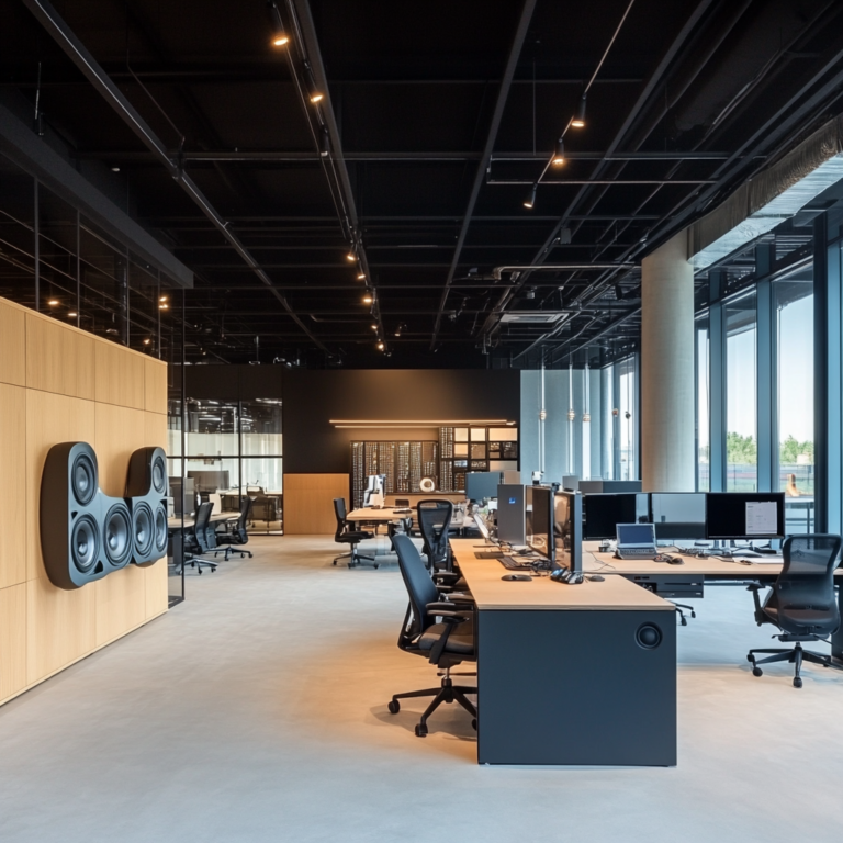 Een moderne, high-tech werkplaats met ingenieurs die werken aan de nieuwste audioapparatuur van Bose. De ruimte is gevuld met geavanceerde technologieën, prototypes van koptelefoons en luidsprekers, en computerschermen die complexe geluidsgolven tonen. Het licht is helder en futuristisch, met een sfeer van innovatie en vooruitgang. Geen tekst of woorden in de afbeelding.