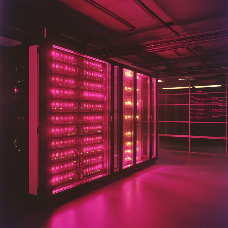 Een dramatisch tafereel van een verlichte kantoorruimte gevuld met computerschermen, waarvan er vele waarschuwingsberichten en errorcodes tonen. In het midden van de ruimte staat een grote serverkast met knipperende rode lichten, omgeven door een dreigende sfeer van onzekerheid en spanning. De kleuren zijn donker en somber, met flitsen van rood en oranje die een gevoel van urgentie en gevaar uitstralen. Geen tekst of woorden in de afbeelding.