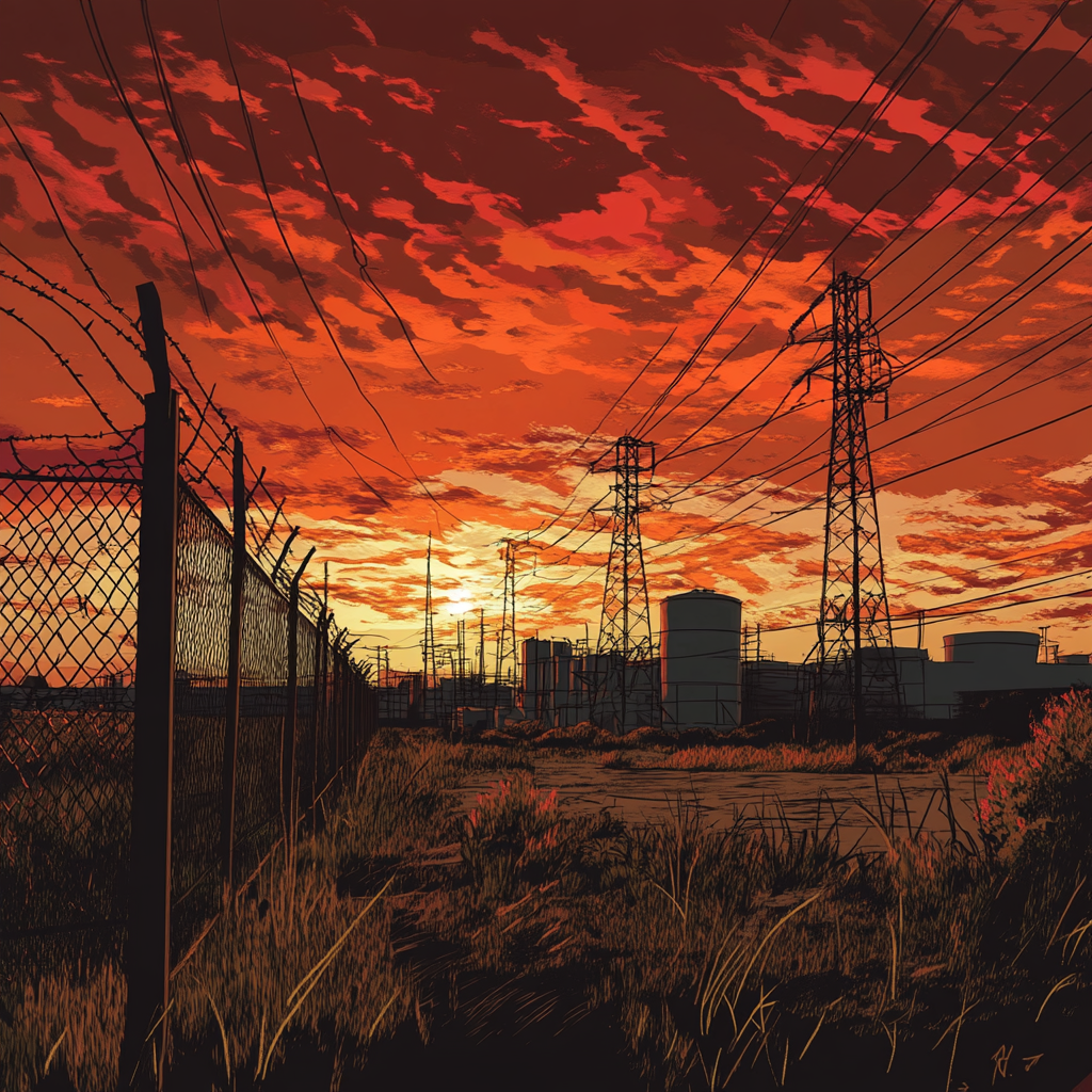 Een dramatische en krachtige illustratie van een nucleair afvalopslagplaats in Texas, omgeven door uitgestrekte woestijnlandschappen. De zonsondergang kleurt de lucht in vurige oranje en rode tinten, terwijl de opslagcontainers voor radioactief afval ruimtelijk en prominent worden weergegeven. De sfeer is geladen met spanning en verwachting, zonder enige tekst of woorden in de afbeelding.