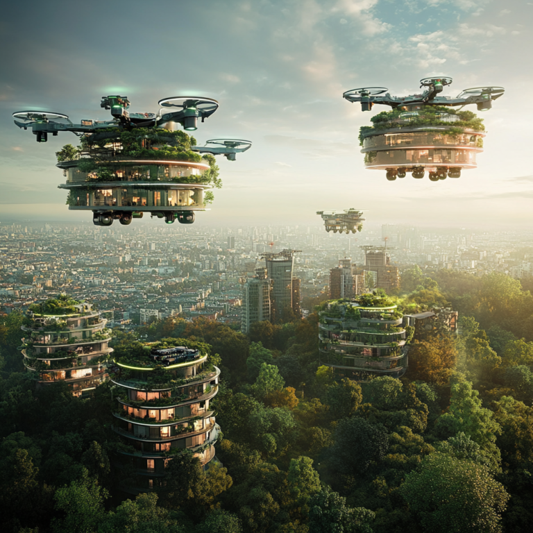 Een futuristisch stadslandschap met geavanceerde technologieën geïntegreerd in het dagelijkse leven. Hoogbouw met groene daken en drones die goederen bezorgen in de lucht. Mensen die augmented reality-brillen dragen en hologrammen gebruiken op straat. Heldere neonlichten en een gevoel van vooruitgang en innovatie. Geen tekst of woorden in de afbeelding.