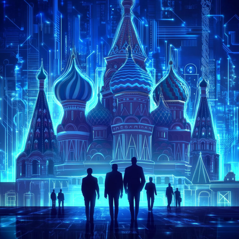 Een dramatische scène met Russische hackers in een donkere, high-tech omgeving, verlicht door het blauwe licht van computerschermen. Op de achtergrond zijn schaduwen van Kremlin spionnen zichtbaar, die samenwerken en informatie uitwisselen. De sfeer is dreigend en mysterieus, met een gevoel van geheimhouding en spanning. Geen tekst of woorden in de afbeelding.