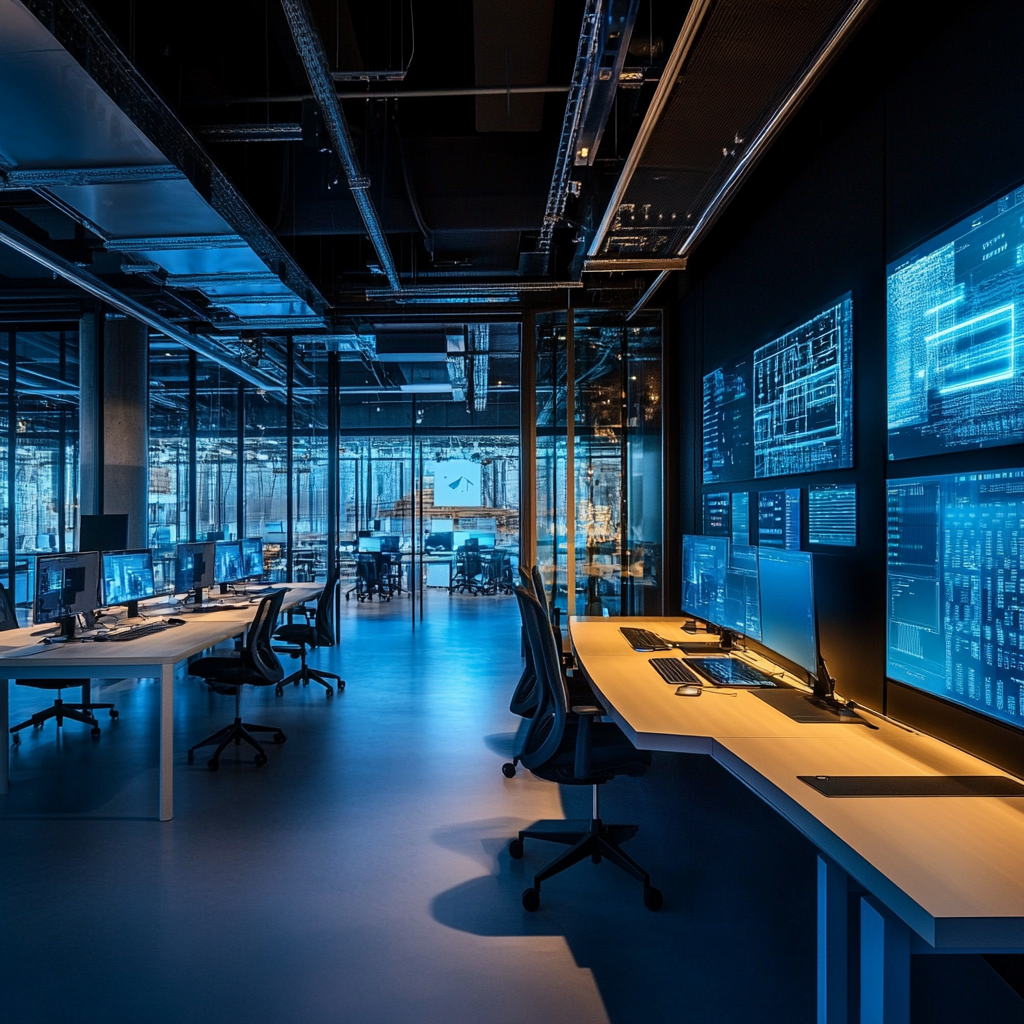 Een futuristisch beveiligingscentrum van Palo Alto Networks, vol met digitale schermen en AI-gestuurde apparaten, gericht op industriële operaties. Het beeld toont een dynamische en high-tech omgeving, met elementen van geavanceerde cyberbeveiliging en industriële omgevingen. Er zijn holografische projecties en een team dat bezig is met het monitoren van cyberdreigingen. De sfeer is innovatief en beschermend, zonder tekst of woorden op de afbeelding.