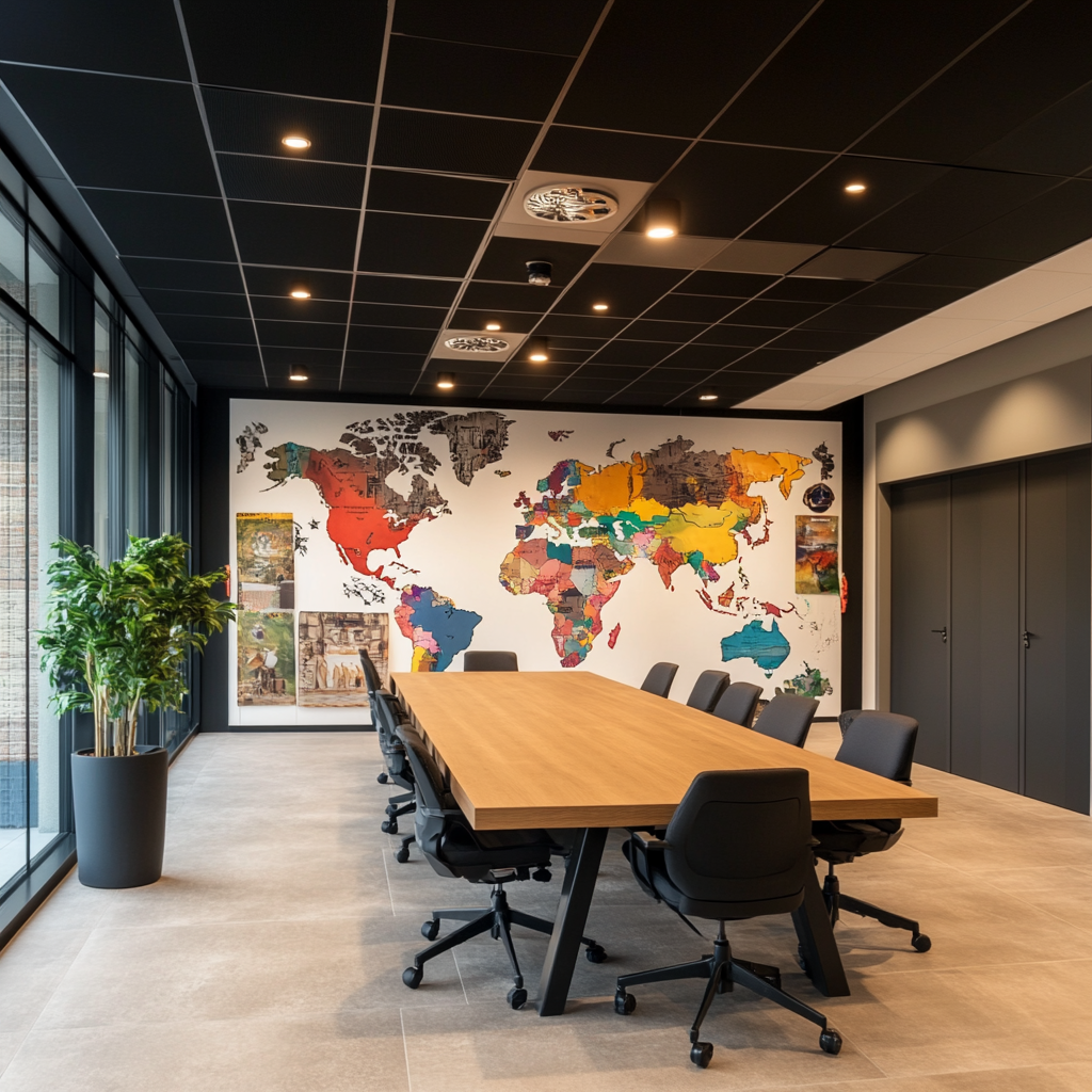 Een dynamische kantooromgeving waar een divers team van internationale medewerkers samenwerkt, symboliserend de uitbreiding van Deel's immigratiediensten. De ruimte is modern en licht, met wereldkaarten aan de muur en verschillende vlaggen die de diversiteit van het team vertegenwoordigen. De sfeer is energiek en collaboratief, met medewerkers die rond een grote tafel zitten en ideeën uitwisselen. Geen tekst of woorden in de afbeelding.