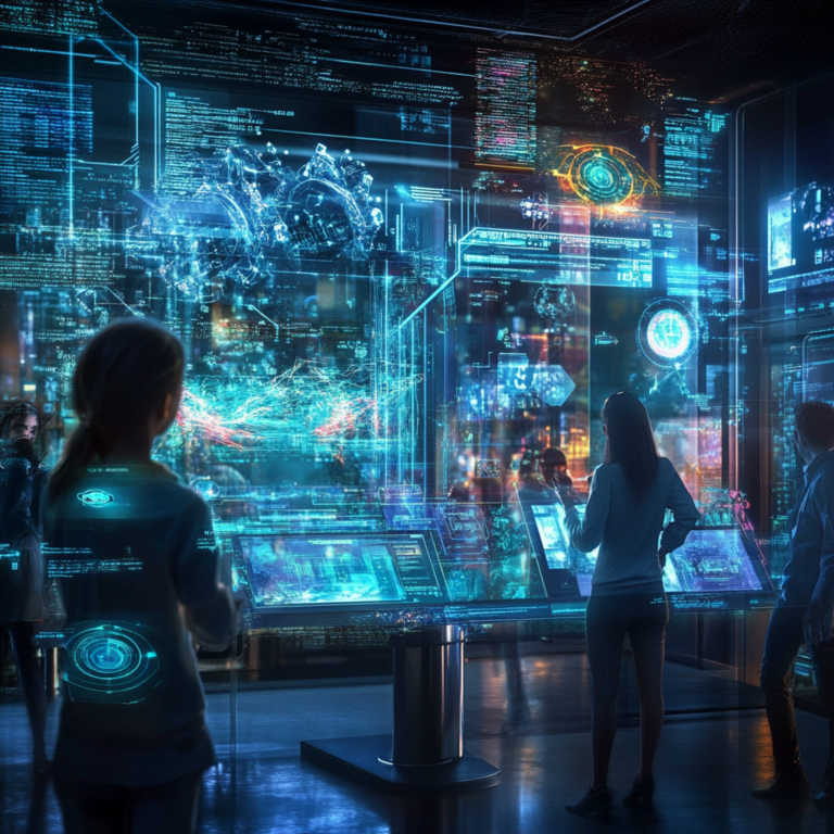 Een futuristische kantooromgeving waarin een geavanceerde AI-assistent, Copilot, op een computerscherm te zien is. Het scherm toont een empathische gezichtsuitdrukking, terwijl de gebruiker interactie heeft met de AI. De sfeer is modern en high-tech, met blauwe en zilveren tinten die een gevoel van innovatie en vooruitgang uitstralen. Geen tekst of woorden in de afbeelding.
