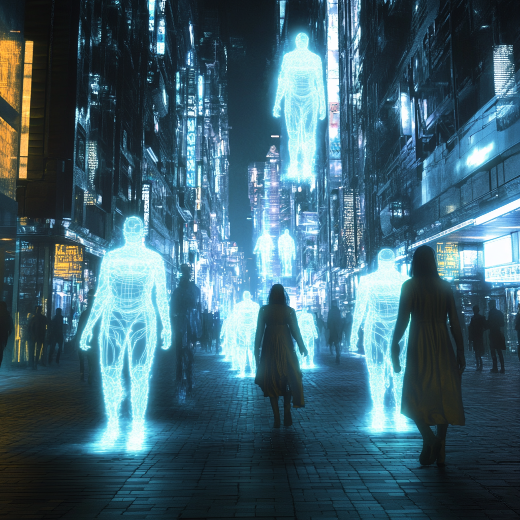 Een futuristische stad met neonlichten en zwevende hologrammen die een bruisende metaverse wereld voorstellen. In het midden van de scène staan moderne technologie-experts in stijlvolle, futuristische kleding, die de dynamiek van hun transformatie tonen. De achtergrond toont een mix van virtuele en fysieke wereldelementen, zoals digitale avatars die met mensen interageren en virtuele conferenties die plaatsvinden. De sfeer is innovatief en visionair, met een gevoel van voortdurende technologische evolutie. Geen tekst of woorden in de afbeelding.