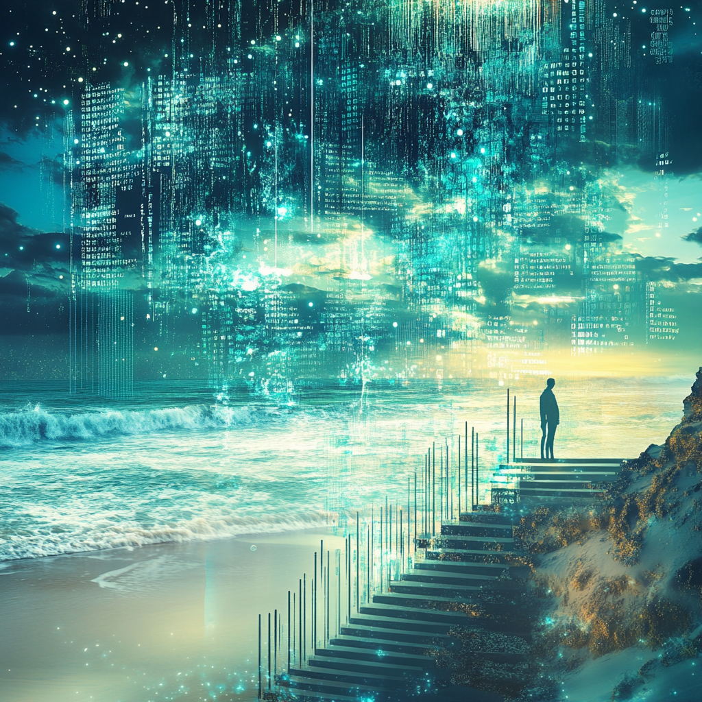 Een digitale oceaan die een platformgebied overspoelt met golven van code en abstracte representaties van AI. Het platform staat symbool voor Medium, met symbolische elementen van schrijven en creativiteit die worden ingehaald door golven van artificiële intelligentie. De sfeer is hectisch en modern, met een futuristische esthetiek en een gevoel van een technologische storm die de traditionele creativiteit dreigt te overspoelen. Geen tekst of woorden in de afbeelding.