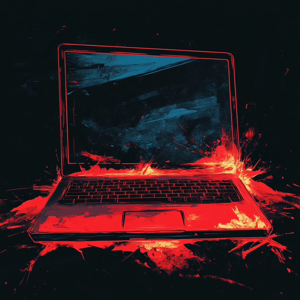 Een dramatische scène van een digitaal archief dat onder een cyberaanval lijdt, met een laptop die vol staat met foutmeldingen. De kleuren zijn donker en dreigend, met rode en zwarte tinten die de spanning van de situatie benadrukken. In de achtergrond zijn schaduwen die het gevoel van dreiging en onzekerheid versterken. De sfeer is urgent en waarschuwend, zonder tekst of woorden in de afbeelding.