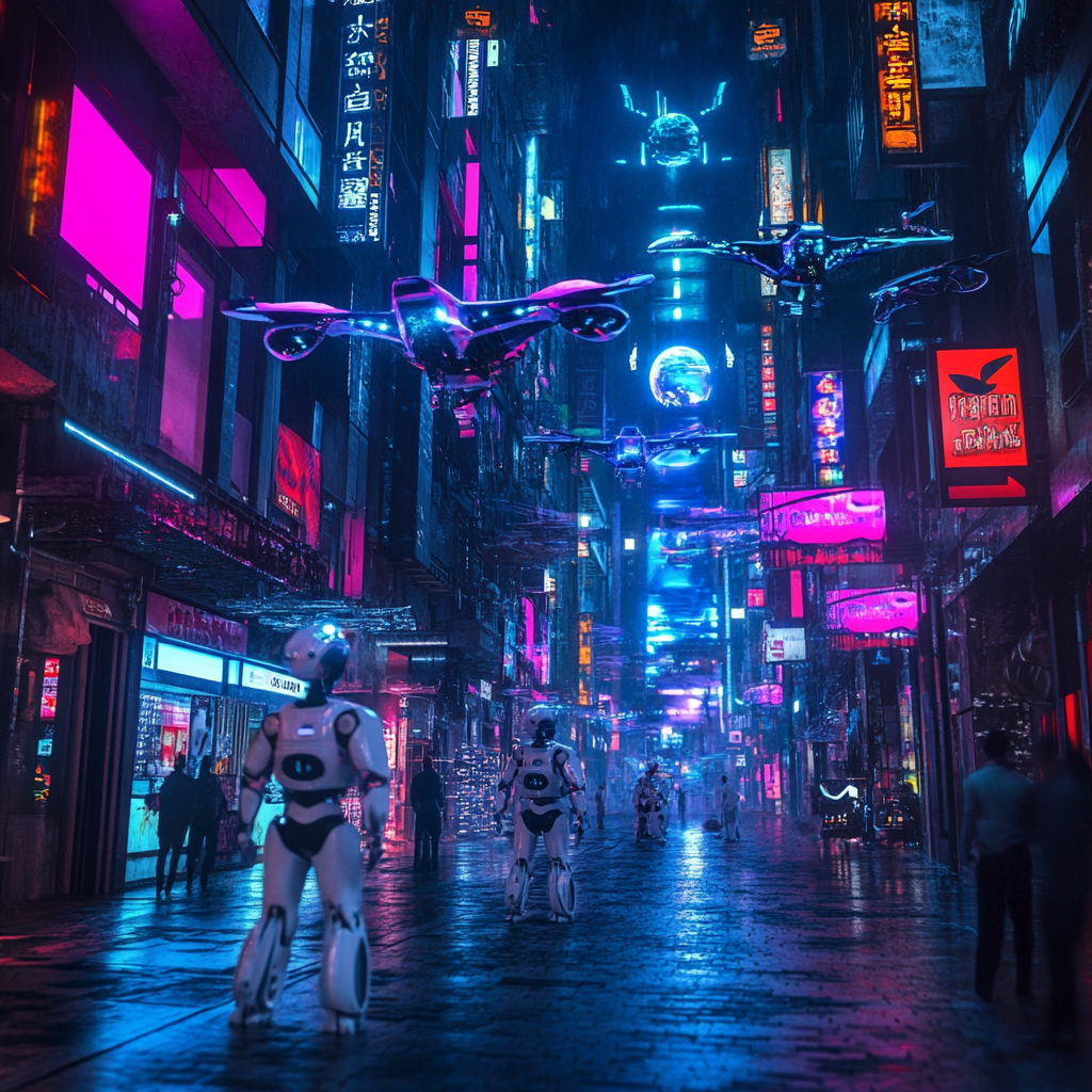 Een futuristische stad verlicht door neonlichten, met robots die samenwerken met mensen in een drukke straat, holografische displays die innovaties tonen, en vliegende voertuigen in een heldere nachtelijke lucht. De sfeer is levendig en hoopvol, met een gevoel van vooruitstrevende technologie en samenwerking tussen mens en machine. Geen tekst of woorden in de afbeelding.