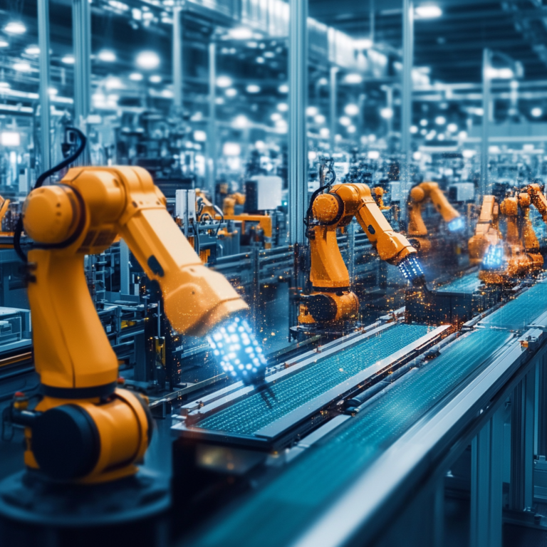 Een dynamische en futuristische scène in een moderne fabriek, waar geavanceerde machines worden bediend door ingenieurs die gebruikmaken van digitale technologie. Het beeld toont heldere displays, geconnecteerde apparaten en een high-tech omgeving. Er is een gevoel van innovatie en vooruitgang, met een focus op efficiëntie en technologische vooruitgang. Geen tekst of woorden in de afbeelding.