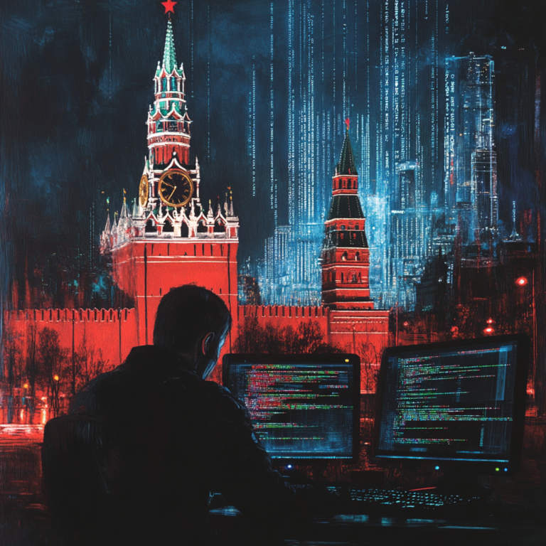 Een dramatische scène van Russische hackers achter computers met complexe code op schermen, in een donkere kamer met een sinistere sfeer. Achter hen zijn schaduwachtige figuren te zien die de spionnen van het Kremlin vertegenwoordigen. De sfeer is dreigend en geheimzinnig, met rode en donkere tinten die de spanning verhogen. Geen tekst of woorden in de afbeelding.
