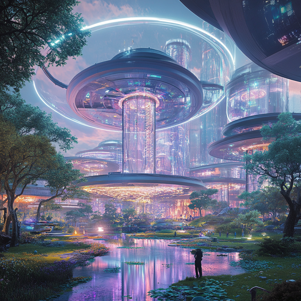 Een futuristisch en mysterieus kantoorlandschap in Silicon Valley, omgeven door glanzende gebouwen en geavanceerde technologie. De scène is gevuld met een gevoel van geheimhouding en innovatie, met subtiele hints van high-tech apparatuur en strategische ontmoetingen. De kleuren zijn levendig en modern, met een mix van neonlichten en natuurlijke elementen. Geen tekst of woorden in de afbeelding.