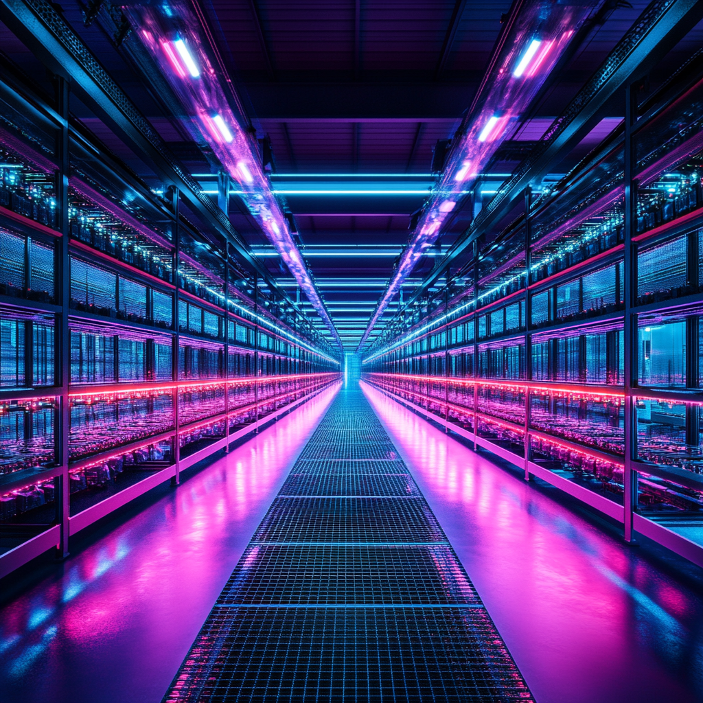 Een futuristisch datacenter gevuld met rijen en rijen van krachtige GPU-clusters, glinsterend met LED-lampen in een zee van technologische pracht. De sfeer is high-tech en energiek, met een gevoel van immense kracht en potentieel. Geen tekst of woorden in de afbeelding.