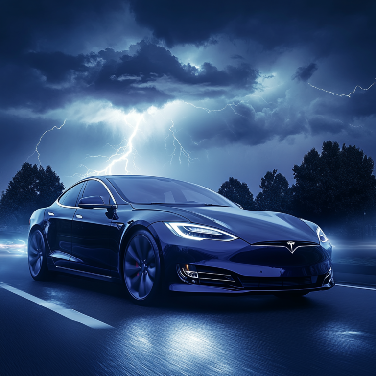 Een dramatische scène van Tesla's hoofdkantoor met stormachtige wolken op de achtergrond, een symbool van de huidige financiële uitdagingen. Op de voorgrond zijn Tesla-auto's geparkeerd, met een gevoel van spanning en urgentie in de lucht. De kleuren zijn donker en dramatisch, met een sterke focus op contrasten tussen licht en schaduw. De sfeer is geladen en anticiperend, zonder tekst of woorden in de afbeelding.