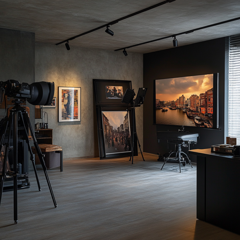 Een levendige en moderne fotostudio met voorbeelden van premium fotoproducten: een foto op Dibond en een foto op ChromaLuxe. De kamer is gevuld met kunstwerken die de duurzaamheid en levendige kleuren van de producten benadrukken. Het licht speelt op de glanzende oppervlakken van ChromaLuxe en de stevige textuur van Dibond. Geen tekst of woorden in de afbeelding.
