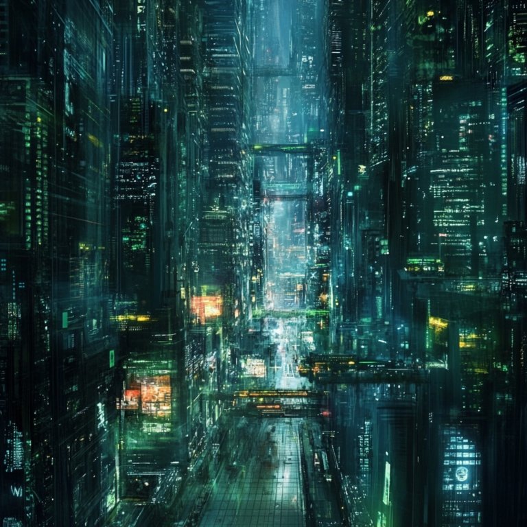 Een dramatisch en futuristisch beeld van een digitale stad met een netwerk van computersystemen. In het midden van de afbeelding is er een visuele representatie van een ingewikkeld digitaal slot dat wordt opengebroken door een stroom van licht of data, wat de jailbreak-techniek 'Deceptive Delight' symboliseert. De kleuren zijn levendig en contrastrijk, met een mix van blauw, groen en paarse tinten. De sfeer is spannend en high-tech, zonder tekst of woorden in de afbeelding.