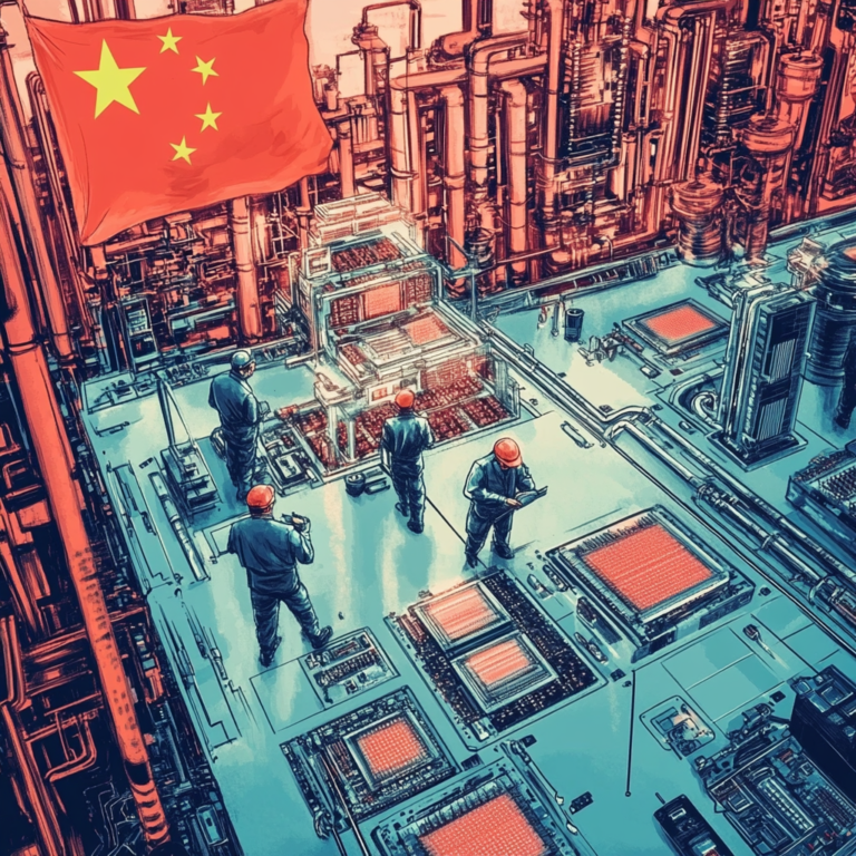 Een dramatische scène van een hoogtechnologische halfgeleiderfabriek, omgeven door geopolitieke symbolen zoals vlaggen van de VS en China. Binnen de fabriek is er een gevoel van urgentie en spanning, met ingenieurs die geconcentreerd werken aan geavanceerde chiptechnologie. De kleuren zijn gedempt om de serieuze sfeer te benadrukken. Er zijn geen teksten of woorden in de afbeelding.