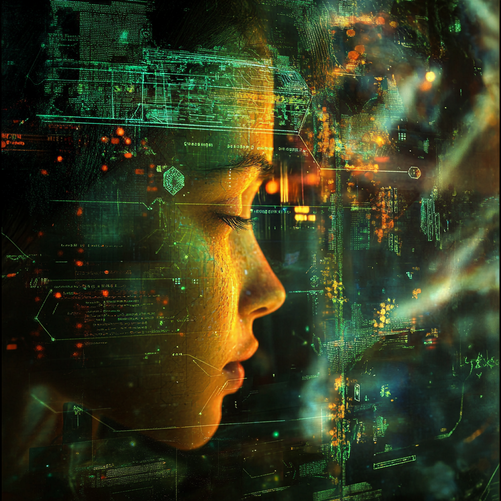 Een futuristische setting waarin een AI-interface complexe transcripties verwerkt. Het scherm toont een mix van duidelijke en verwarrende teksten, symboliserend de 'hallucinaties' van de tool. De sfeer is zowel modern als enigszins verontrustend, met gedempte kleuren en een focus op technologie. Geen tekst of woorden in de afbeelding.