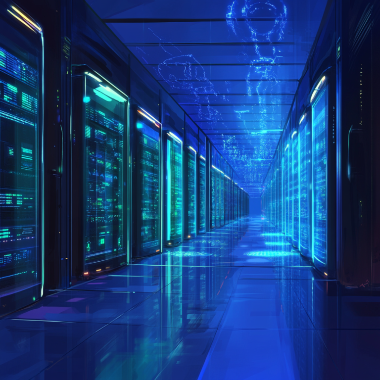 Een futuristisch datacenter met glanzende servers die agentic AI-processen uitvoeren. De ruimte is verlicht met een blauwe gloed, en holografische projecties van AI-symbolen zweven in de lucht. Het geheel moet een gevoel van geavanceerde technologie en innovatie uitstralen, zonder tekst of woorden in de afbeelding.