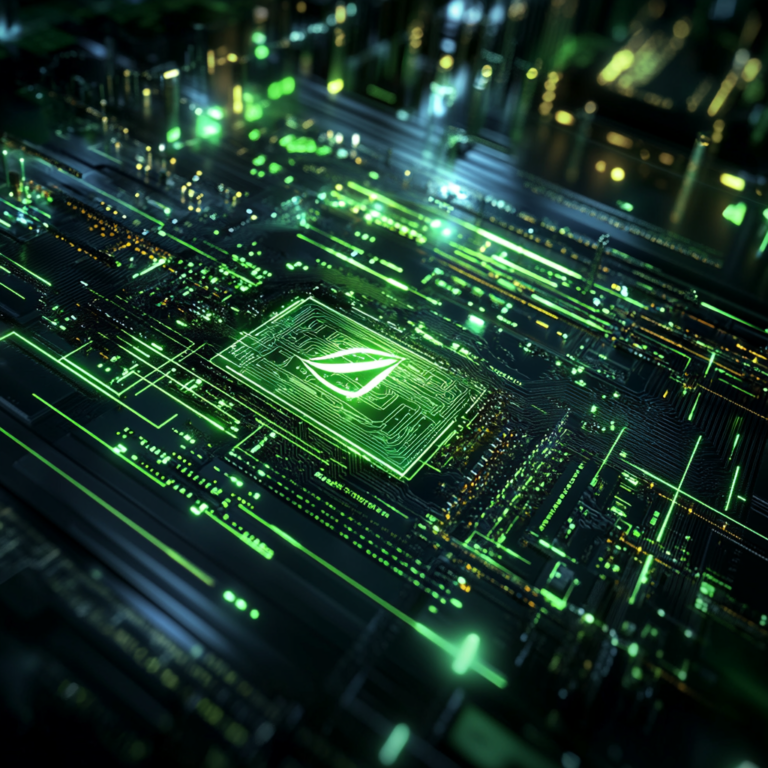 Een futuristische scène van een high-tech beursvloer met Nvidia-logo prominent in beeld, omringd door dynamische grafieken die naar boven schieten, symboliserend hun groei. De sfeer is elektrisch en vol verwachting, met mensen die enthousiast discussiëren over de toekomst van AI. De kleuren zijn levendig met een mix van blauw en groen om technologie en innovatie te benadrukken. Geen tekst of woorden in de afbeelding.