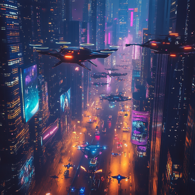 Een futuristische stad 's nachts, badend in neonlicht, vol met vliegende auto's en torenhoge wolkenkrabbers. Technologie is overal zichtbaar, met hologrammen die informatie projecteren op gebouwen. De lucht is helder met sterren en drones die zachtjes zweven. De sfeer is dynamisch en technologisch geavanceerd, met een gevoel van innovatie en vooruitgang. Geen tekst of woorden in de afbeelding.