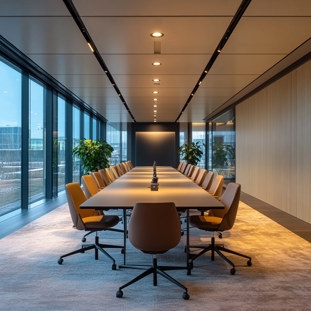 Een dramatische zakelijke vergadering in een moderne, glazen conferentieruimte. Aan de ene kant van de tafel een groep vertegenwoordigers van KKR, gekleed in formele pakken, en aan de andere kant Bain Capital, ook formeel gekleed maar met een lichte spanning in de lucht. In het midden zit een bedachtzame Japanse bedrijfsleider die een sleutelrol speelt in de beslissing. De sfeer is geladen met een mix van strategie en spanning, met stadslichten die door de ramen schijnen. Geen tekst of woorden in de afbeelding.